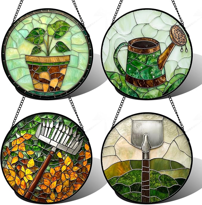 Stained Glass Window Hanging 4 Pcs Set Gardening Tools Large 11.8 - Suncatcher Door Garden Sun Catcher Decor Birthday Mother's Day for Gardener Men Woman Nana Mam Friend