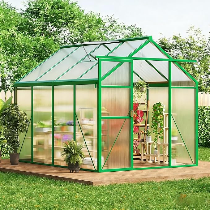 6X8 FT Greenhouse for Outdoors Walk-in Greenhouse Kit with Aluminum Frame Polycarbonate Panels Adjustable Roof Vent Sliding Door Secure Lock for Outside Garden Patio Backyard