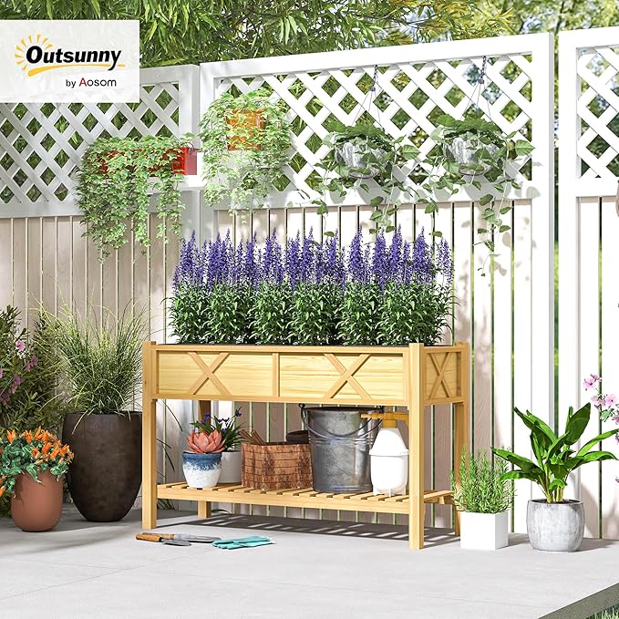 Outsunny Raised Garden Bed Elevated Wood Planter Box with Storage Shelf Drainage Holes and Liner for Backyard Patio Balcony 47 x 22 x 31.5 in Natural