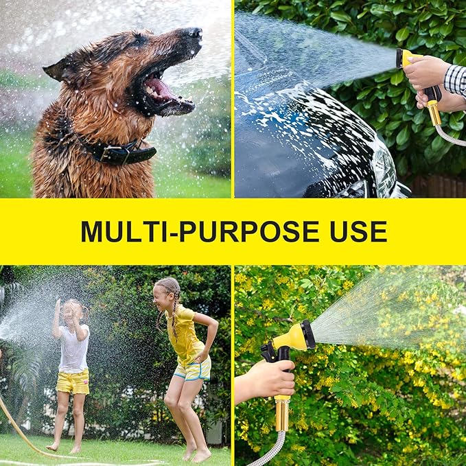 FOXEASE Metal Garden Hose 100FT - Stainless Steel Heavy Duty Water Hose with Solid Metal Nozzle &amp 8 Function Sprayer Portable &amp Lightweight Kink Free Yard Hose Outdoor Hose