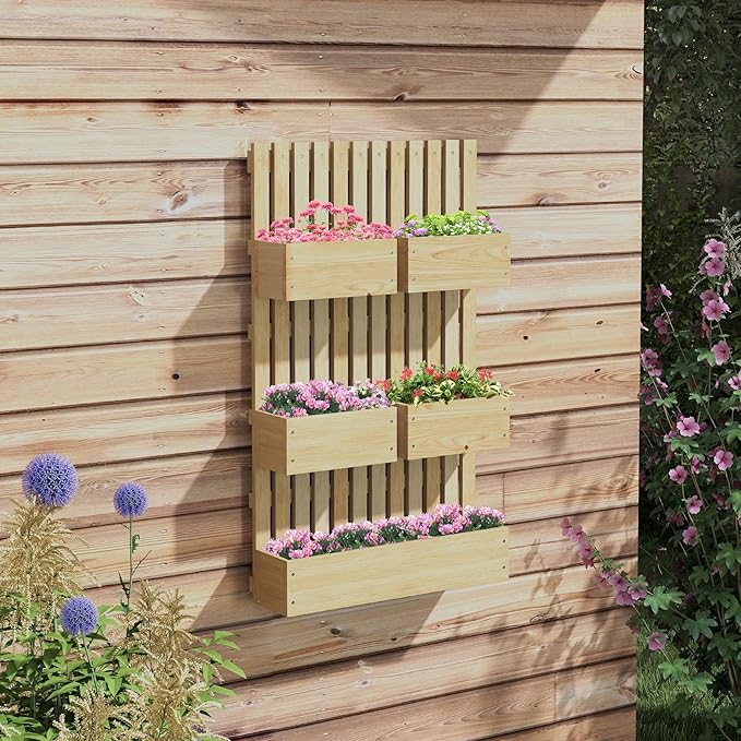 5 Box Raised Garden Bed with Trellis for Vine Flowers &amp Climbing Plants 39 Tall Wall-Mounted Wood Planter Box Set with Adjustable Height Drainage Hole Natural