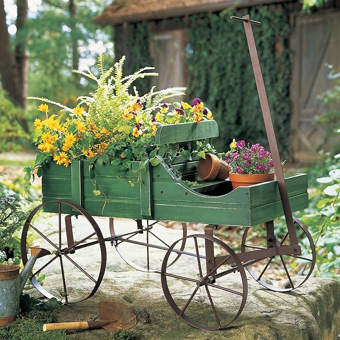 Collections Etc Amish Wagon Decorative Indoor/Outdoor Garden Backyard Planter Green