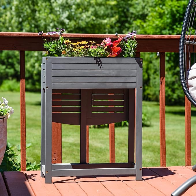 Sunnydaze Acacia Wood Raised Garden Bed with Shelf - Space-Saving Folding Tabletop with 40 lb Capacity - Gray