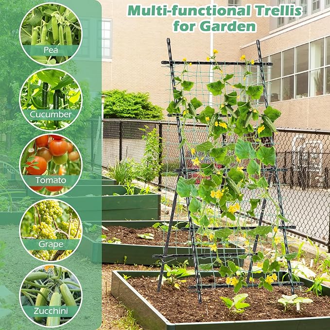 Happygrill Trellis for Climbing Plants Outdoor Cucumber Trellis w/PE-Coated Frame Trellis Net Fixing Clips Zip Ties A-Frame Sturdy Metal Plant Support for Tomato Grape Clematis