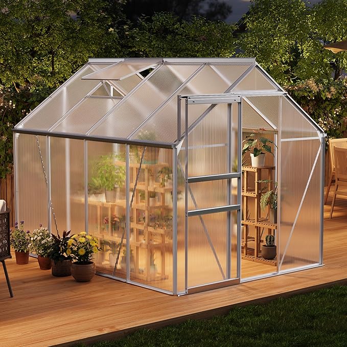 CABIHOME 6 x 6 FT Greenhouses for Outside Polycarbonate Greenhouse with Aluminum Frame Sliding Door Adjustable Roof Vent Backyard Green Houses Patio Garden Black (Silver 6x8 FT)
