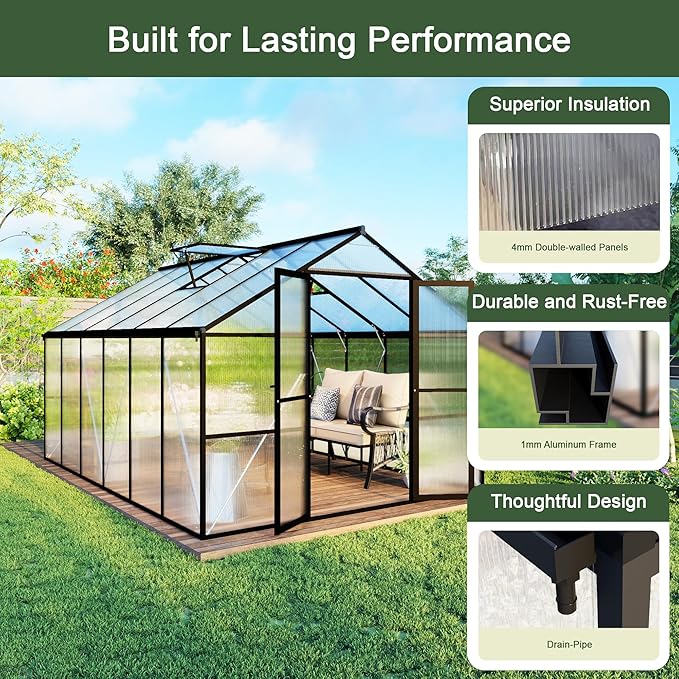 8X12 FT Polycarbonate Greenhouse 6 FT Height Aluminum Large Green Houses for Outside Heavy Duty Quick Setup Walk in Greenhouses with 2 Roof Vent and Rain Gutter for Outdoor Black (143Wx96Dx77H)