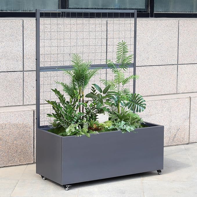 Metal Rolling Planter Box with Lattice Trellis Modern Steel Planter Box Trellis Corten Trough Planter with Casters 66” x 46” x 21” (Original Metal)