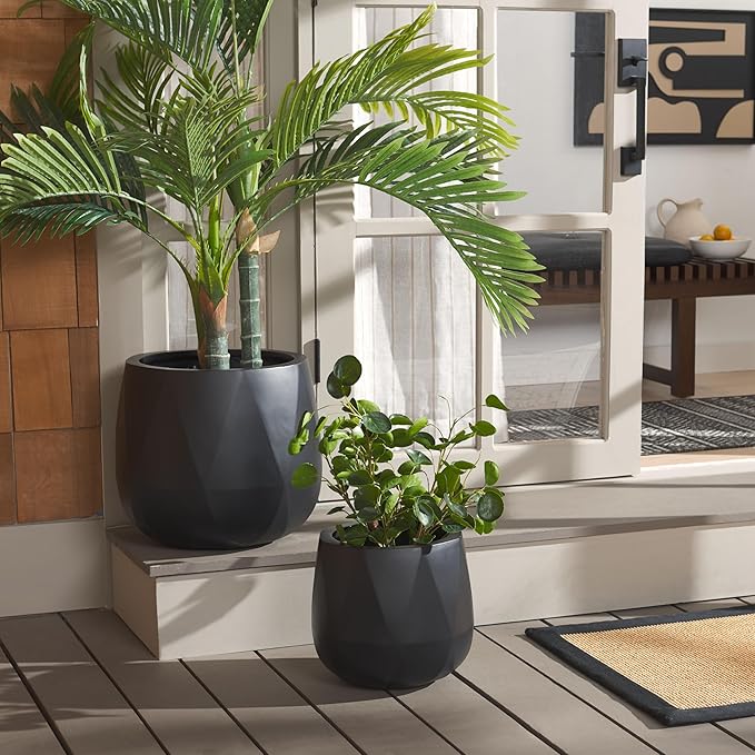 SAFAVIEH Outdoor Collection Kane Black Cement Ficonstone Planter Pot Set of 2