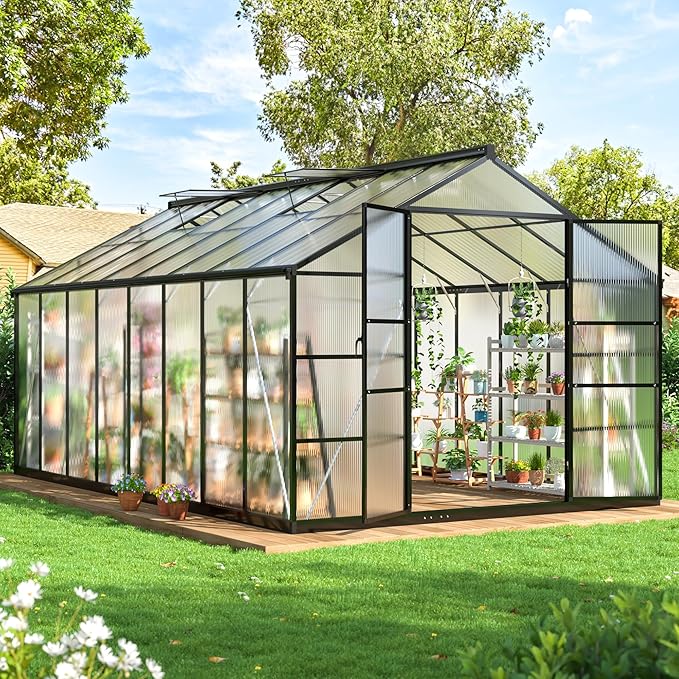 WKM 10x16 FT Greenhouse for Outdoors Walk-in Polycarbonate Greenhouse with Roof Vent and Quick Setup Structure Heavy Duty Green House for Outside Garden Backyard Black