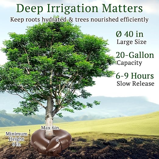 4 Set Tree Watering Ring 20gal Watering Bags with Coconut Fiber Mulch Ring – Deep Root and Slow Release Automatic Drip Irrigation System for New Trees Multi-Trunk Trees and Shrubs