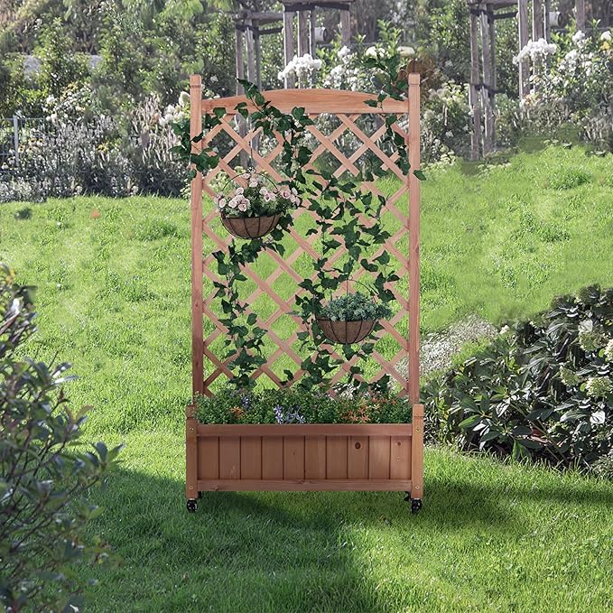 2-Pack Raised Garden Beds with Trellis &amp Wheels – Natural Wood Outdoor Planter Boxes with Climbing Racks Drainage Holes &amp Fixing Device – for Vegetables Flowers &amp Vines