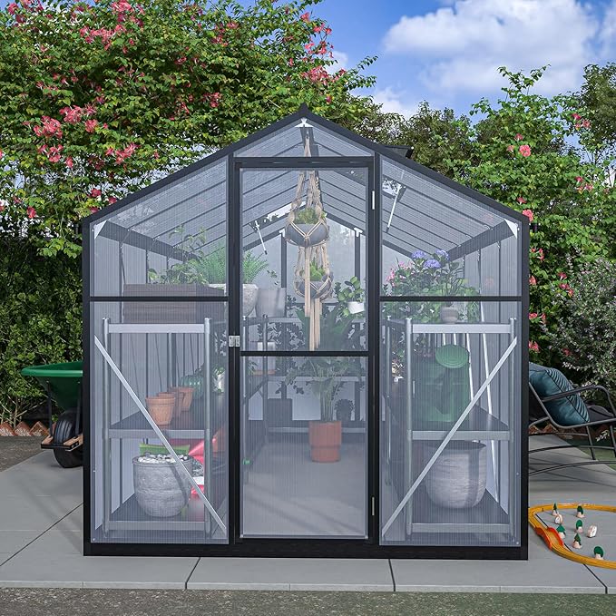 6x12 FT Walk-in Greenhouse Kit with Polycarbonate Panels &amp Aluminum Frame Green Houses for Outside with 2 Vents Greenhouses for Outdoors with Lockable Door Backyard Discovery Greenhouse (Black)