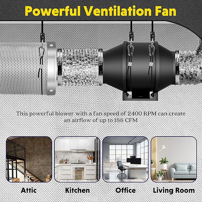 iPower 4 Inch Inline Duct Fan with Variable Speed Controller Ventilation 200 CFM Quiet Exhaust Blower for Grow Tent and Basements Black