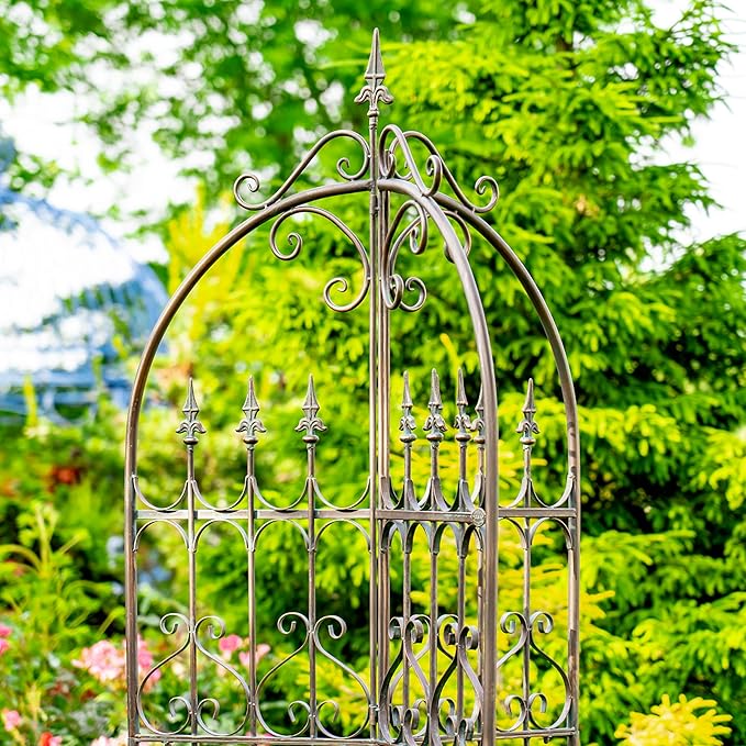 Zaer Ltd. Metal Garden Arch Trellis 7.7ft Tall Three-Panel Design with Fleur-de-lis 25 x 25 x 92.5 inches (Antique Bronze)