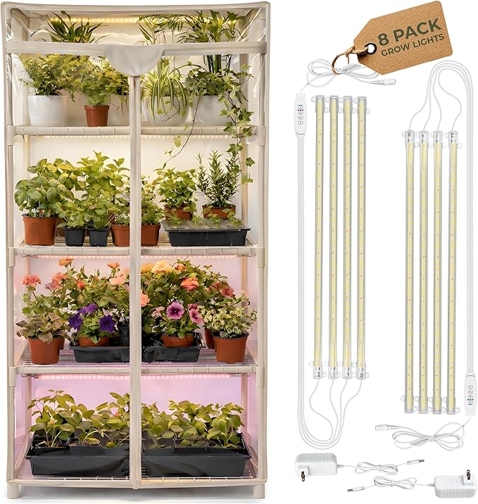 Carpathen Indoor Greenhouse with Grow Lights - 4 Tiers 27.2L x 19.3W x 54H with 8 Dimmable 15W Full Spectrum LED Light Strips and Spectrum Control - Mini Greenhouse with Waterproof Zipped PVC Cover