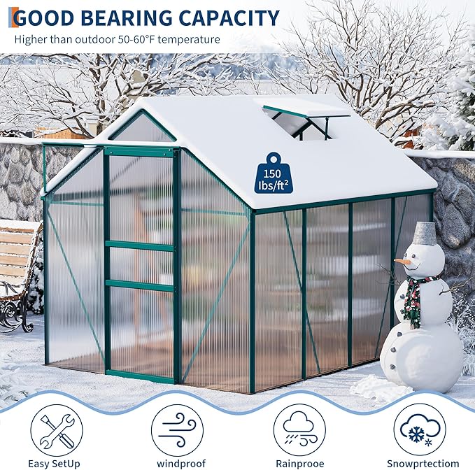 CABIHOME 6 x 6 FT Greenhouses for Outside Polycarbonate Greenhouse with Aluminum Frame Sliding Door Adjustable Roof Vent Backyard Green Houses Patio Garden Black (Green 6x8 FT)