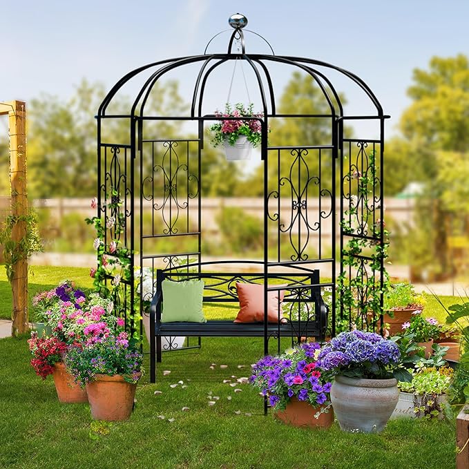 Birdcage Shape Garden Arch Arbors 9.8'H x 6.8'W (81.5W x 118H) Pergola Pavilion for Climbing Plants Outdoor Wedding Arches for Ceremony Party Metal Garden Arbor for Patio Backyard (Black)