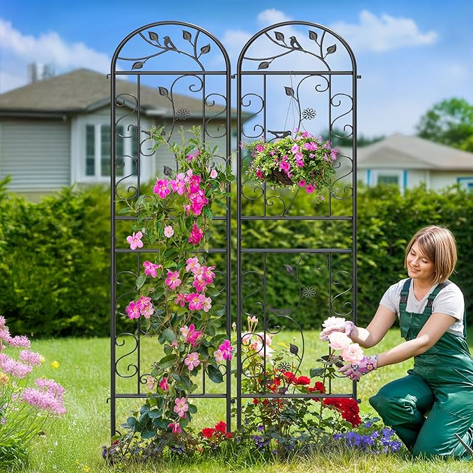 2 Pack 87x20in Garden Trellises Daisy &amp Bird Black Metal Coated Rustproof Trellis for Climbing Plants Outdoor Roses Vegetables Vines Cucumbers