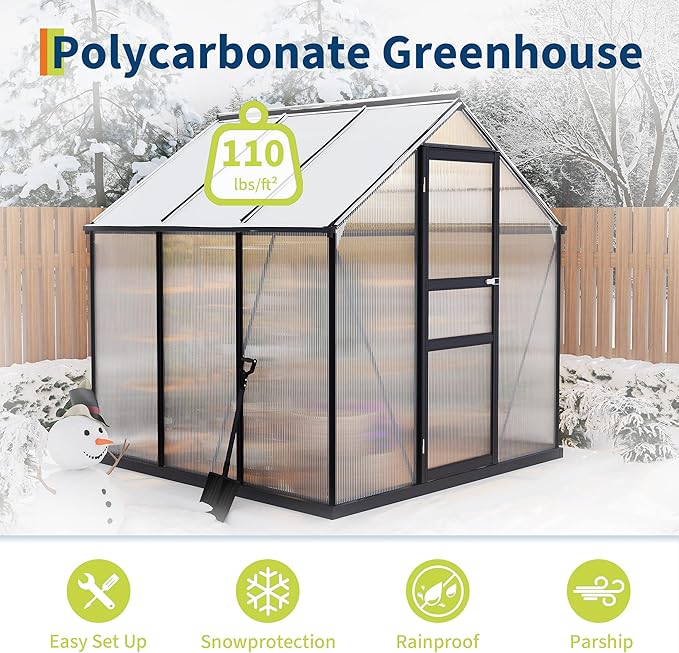 6×6FT Polycarbonate Greenhouse for Outdoors Large Walk in Green House Kit and Winter Garden Planting Enhanced Aluminum Green Houses for Outside to Protect Vegetables or Plants