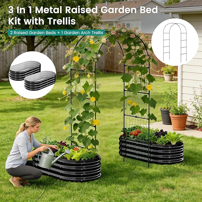 DoCred 3 in 1 Raised Garden Bed with 87in Tall Arch Trellis for Climbing Plants Galvanized Planter Garden Box Outdoor for Gardening Climbing Vegetables Flower Black