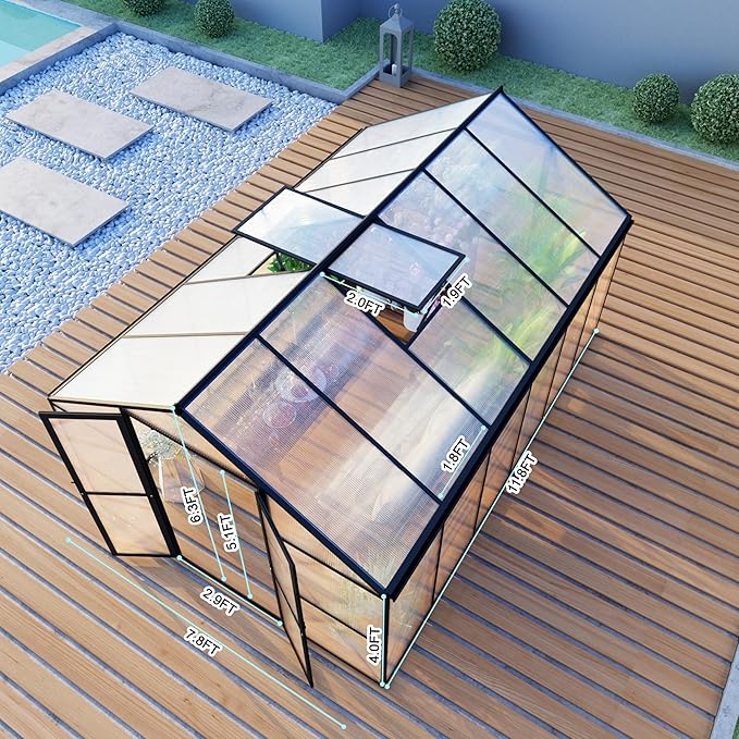 8X12 FT Polycarbonate Greenhouse 6 FT Height Aluminum Large Green Houses for Outside Heavy Duty Quick Setup Walk in Greenhouses with 2 Roof Vent and Rain Gutter for Outdoor Black (143Wx96Dx77H)