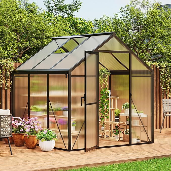 6x6 ft Greenhouse for Outdoors Polycarbonate Greenhouse with Roof Vent Ground Nails Lockable Push Door Aluminum Large Walk-in Green House for Outside Garden Backyard Patio Lawn Black