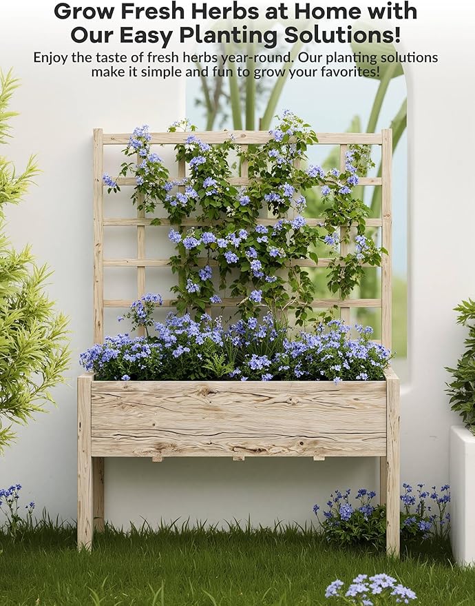 Raised Garden Bed with Trellis Elevated Planter Box with Legs For Backyard Patio Balcony w/Bed Liner Wood Standing Planter Stand for Climbing Plants Flowers Vegetables Herbs 46 in x23 in x65 in