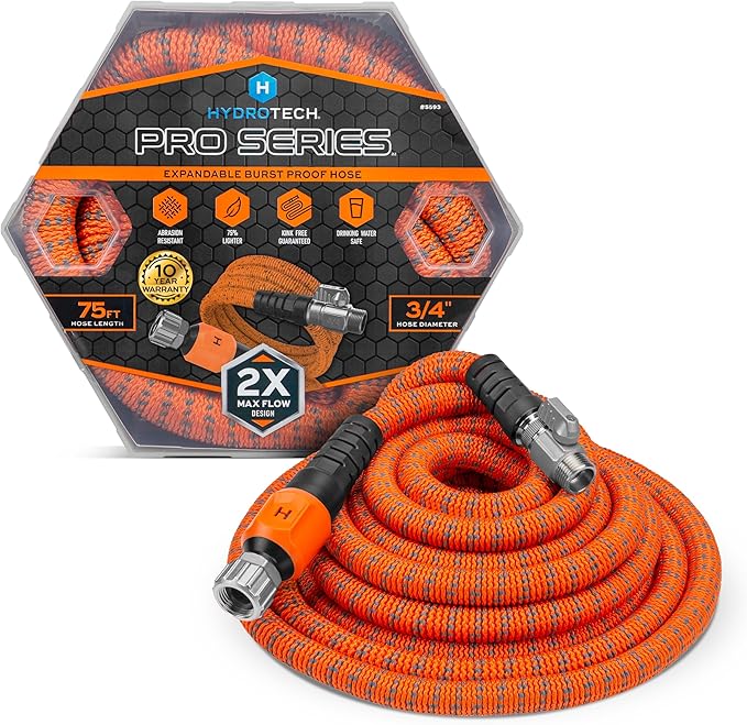 HydroTech 75 ft Expandable Garden Hose - Pro Series 2x Max Flow 3/4 No-Kink Flexibility Lightweight Hose for Lawn Garden Car Washing Deck and Patio Cleaning