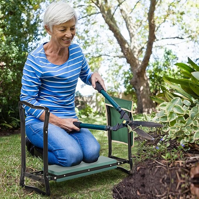 Garden Kneeler and Seat Bench with Tool Pouch - 2-in-1 Folding Stool with Cushion for Gardening Kneeling Sitting 330lbs Capacity &amp Large Side Storage Bag
