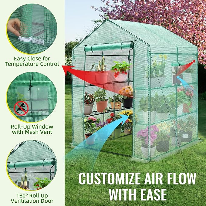 Greengro Greenhouse 57 x 57 x 76'' Greenhouses for Outdoors Durable Green House Kit with Window Thicken PE Cover 3 Tiers 8 Shelves Heavy Duty Walk in Green Houses for Indoor Backyard Outside