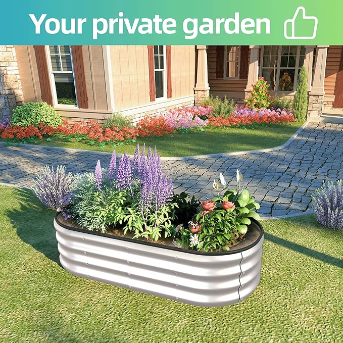 4x2x1 ft Oval Galvanized Metal Raised Garden Beds Thickened Rust-Proof Flower Beds Outdoor Plant Planter Boxes(Silver 1PC)
