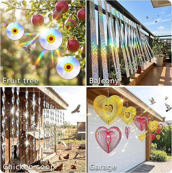 Bird Repellent Devices Kit14 PieceReflective Scare Rods Bird Scare Tape Discs Heart Wind Spinners Keep Woodpeckers Pigeons &amp Geese Away Effective Hanging Decor for Patio House Siding