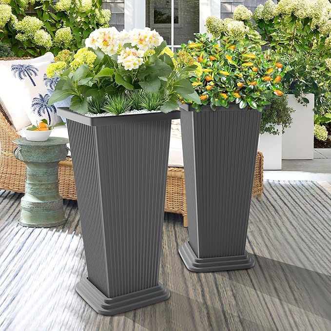 Set of 2 Tall Planters 24 Large Indoor Outdoor Flower Pots with Tray Modern Tapered Planters for Porch Patio Garden Backyard