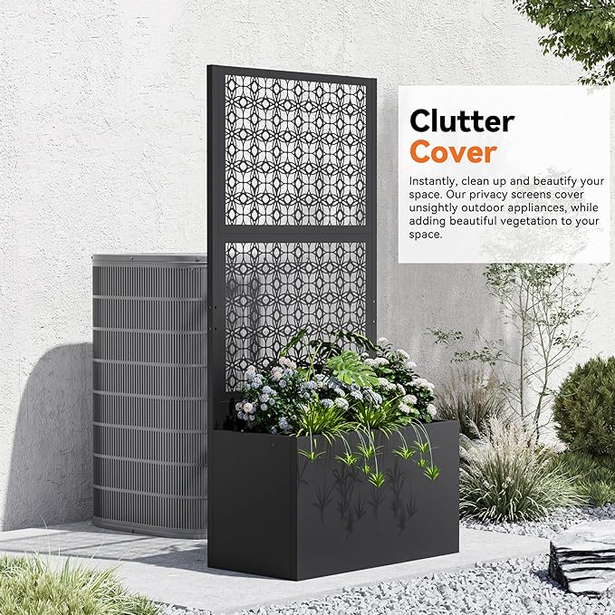 Modern Shade Metal Planter Box with Trellis Privacy Screen 4x6 FT Large Raised Garden Bed Multi-Functional Privacy Screen Outdoor with Drainage Holes for Climbing Plants Petal Weave