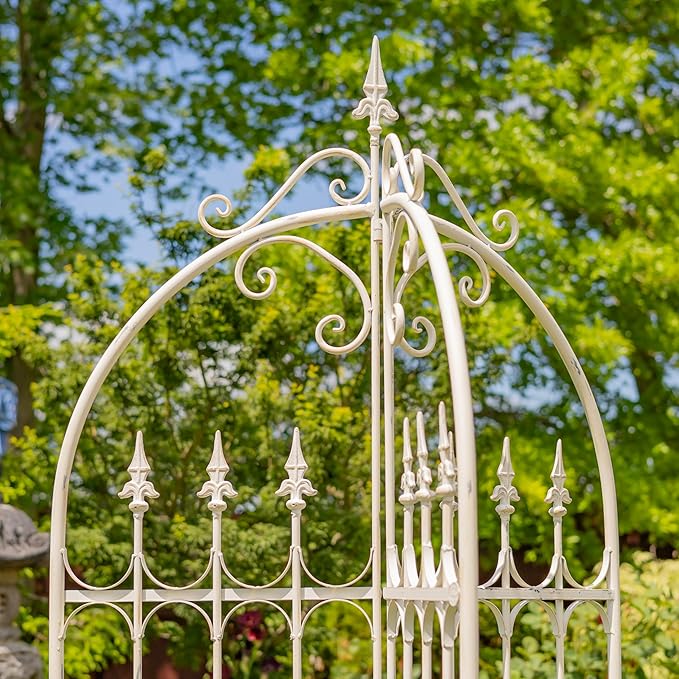 Zaer Ltd. Metal Garden Arch Trellis 7.7ft Tall Three-Panel Design with Fleur-de-lis 25 x 25 x 92.5 inches (Antique White)