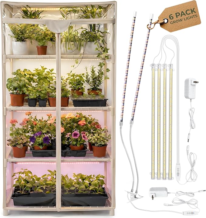 Carpathen Indoor Greenhouse with Grow Lights - 4 Tiers 27.2L x 19.3W x 54H with 4 Dimmable 15W Full Spectrum LED Light Strips and 2 Gooseneck Clip-on Plant Lamp - Mini Greenhouse with Zip PVC Cover