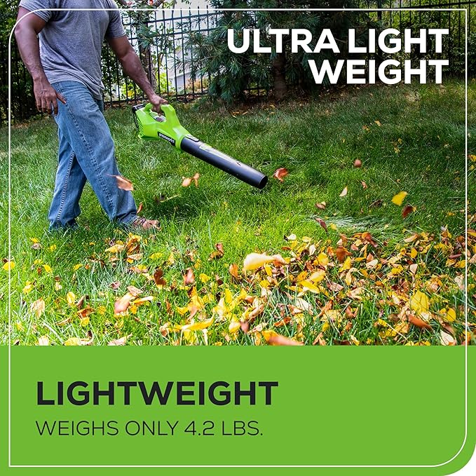 Greenworks 24V (90 MPH / 320 CFM / 200+ Compatible Tools) Cordless Axial Leaf Blower 2.0Ah Battery and Charger Included