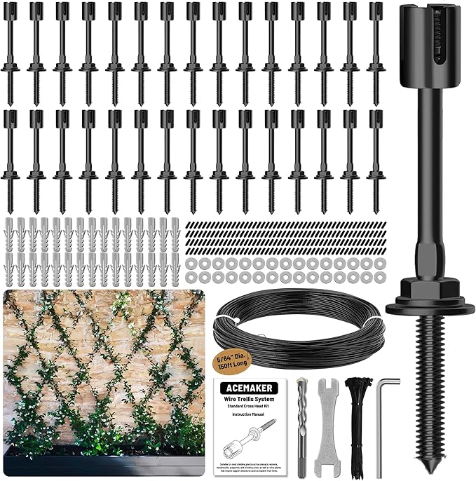 30-Set Black 5/64 (2mm) Wire Trellis for Climbing Plants Outdoor with 150ft Vinyl Coated Cable T316 Stainless Steel Wall Wire Trellis Kit