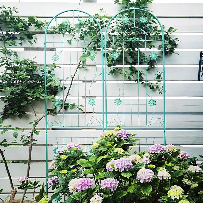 Metal Garden Trellis for Climbing Plants (2-Pack) – 86.7'' Tall x 19.7'' Wide Rustproof Design with Decorative Bird+Flower Accents | Perfect for Cucumbers Beans Vegetable Support (Green)