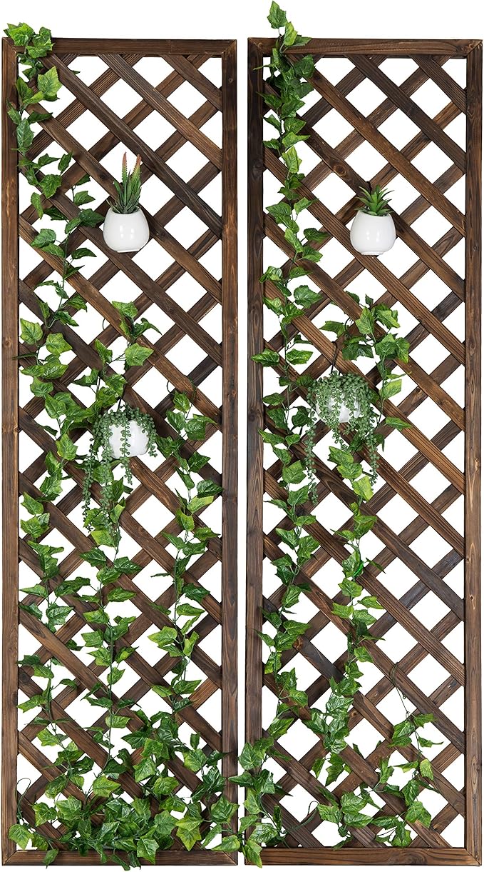 MyGift Wood Trellis Wall Hanging Large Garden Trellis for Climbing Plants Outdoor Brown Lattice Panels for Outside Set of 2