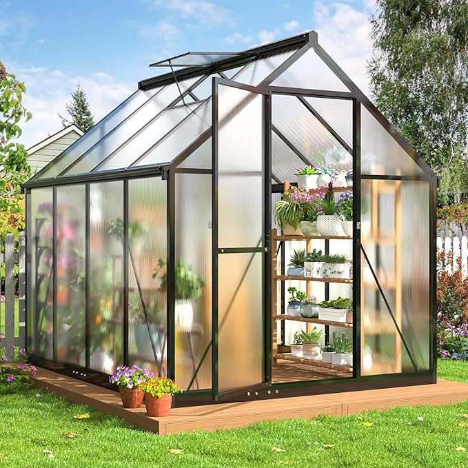 VIWAT 6x7.5 FT Greenhouse for Outdoors Polycarbonate Greenhouse with Quick Setup Structure and Roof Vent Aluminum Large Walk-in Green House for Outside Garden Backyard Black