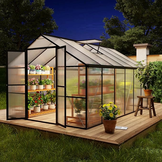 8 x 12 FT Outdoor Greenhouse Heavy-Duty Polycarbonate Greenhouse with Aluminum Frame Lockable Door Adjustable Roof Vent Walk-in Green House for Backyard Garden Patio