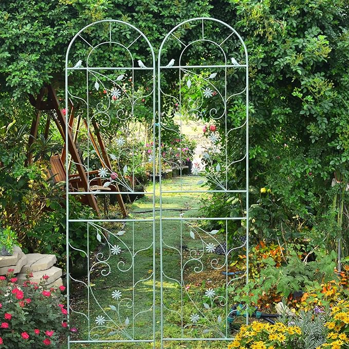 Sungmor Large Metal Garden Trellises for Climbing Plants - 82.5 Inch Tall &amp 2PC Green Pack - Beautiful Retro Style Metal Fence Trellis - Gardening Vines Plant Support for Flower Rose Climbing