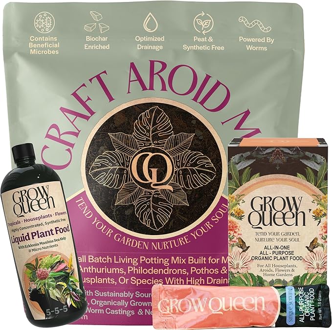 Perfect Plant Health Trio – Organic 5-5-5 Liquid Plant Food + All-in-One Dry Fertilizer + Premium 8-QT Aroid Mix – Universal Sustainable Pet-Safe Growth System