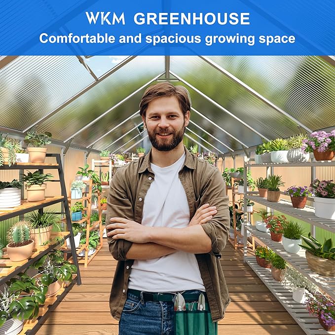 WKM Greenhouse for Outdoors - 8x14 FT Quick-fit Structure with Window for Ventilation Polycarbonate Aluminum Frame Silver