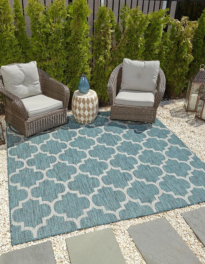 Unique Loom Outdoor Trellis Collection Area Rug (7' 10 Square Teal/ Gray)
