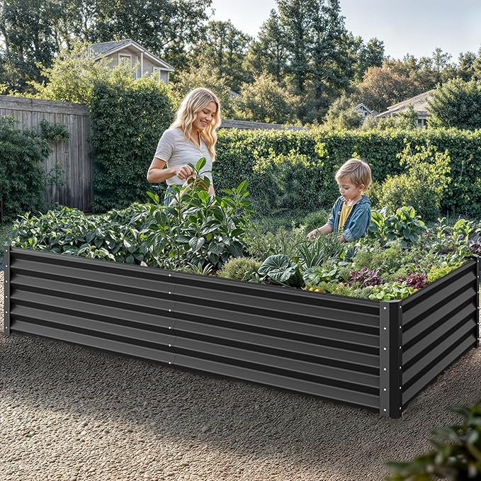 YITAHOME 2pcs 8x4x1.5ft Outdoor Raised Garden Bed Kit Large Metal Patio Planter Box with Gloves Support Rod and Safe Edge Curling Design for Plants Vegetables Flowers Black