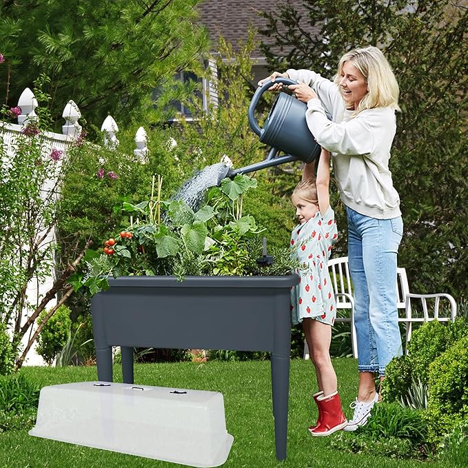 20.8 Gallon Vinyl Plant Box with Legs and Greenhouse Cover 30 x 25.6 x 15 Self Watering Raised Garden Bed with Drainage Plug  Grey