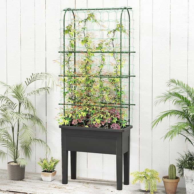 HAPPYGRILL 4-in-1 Raised Garden Bed with Climbing Trellis Self-Watering Elevated Planter with Water Level Indicator Drainage Hole Outdoor Plastic Planter Box with 4 Detachable Legs for Garden Lawn
