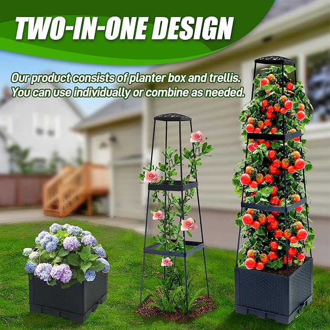 2 Packs Raised Garden Bed Tomato Planter Box with Trellis44.8 Self-Watering Tomato Cage with Trapezoidal Trellis for Climbing Plants Flowers Vegetables Vine in Patio Garden Indoor Outdoor
